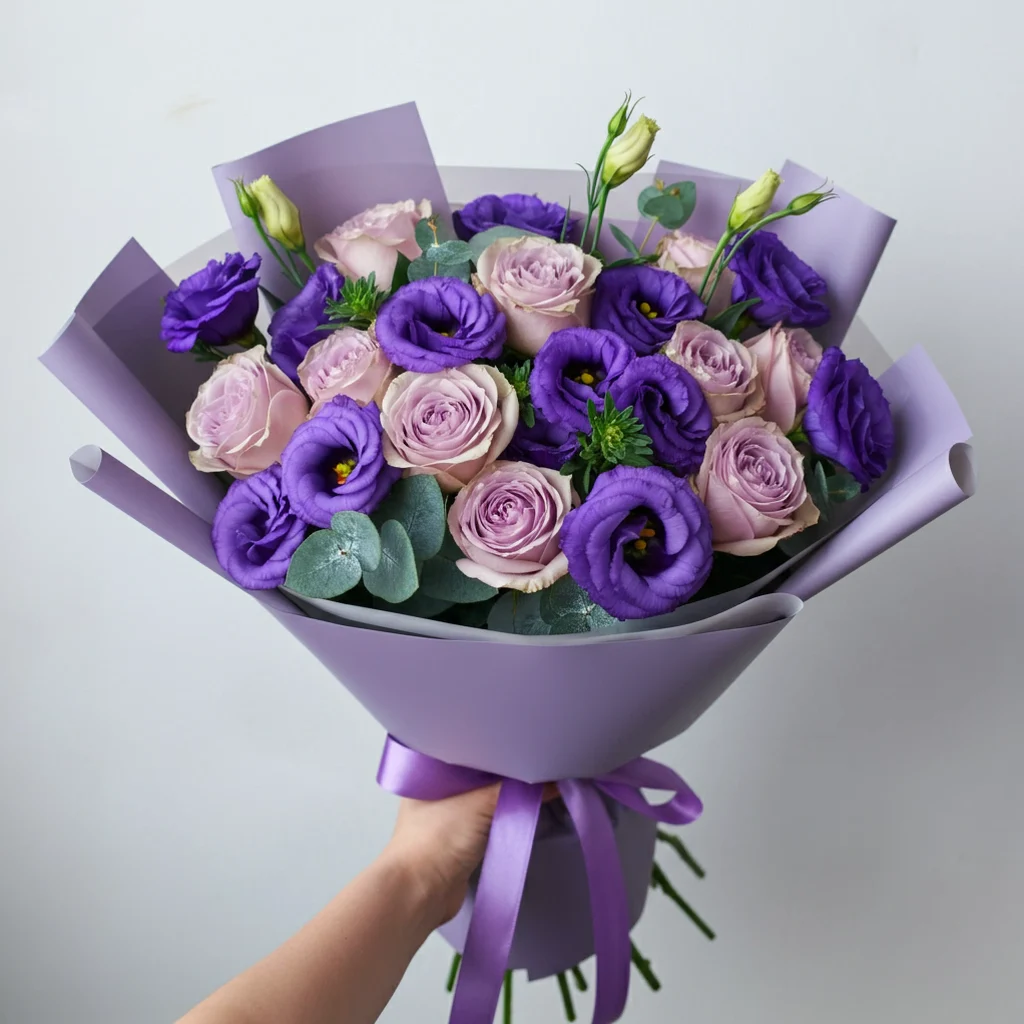 Braçado de Lisianthus roxos e rosas
