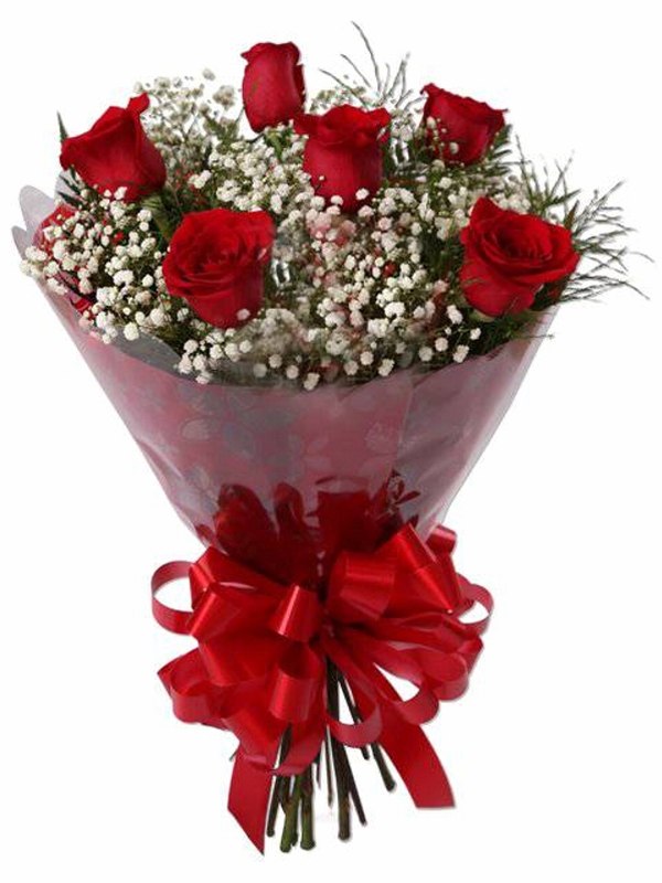 Braçado 06 rosas vermelhas + Gipsofilas brancas