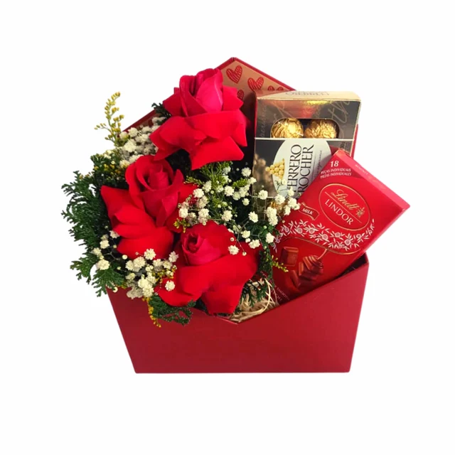 Braçado 03 rosas vermelhas + Lindt + Ferrero Rocher