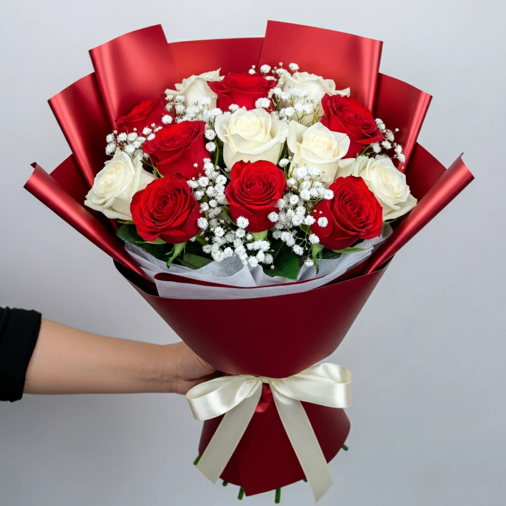 Braçado 05 rosas vermelhas + 05 rosas brancas