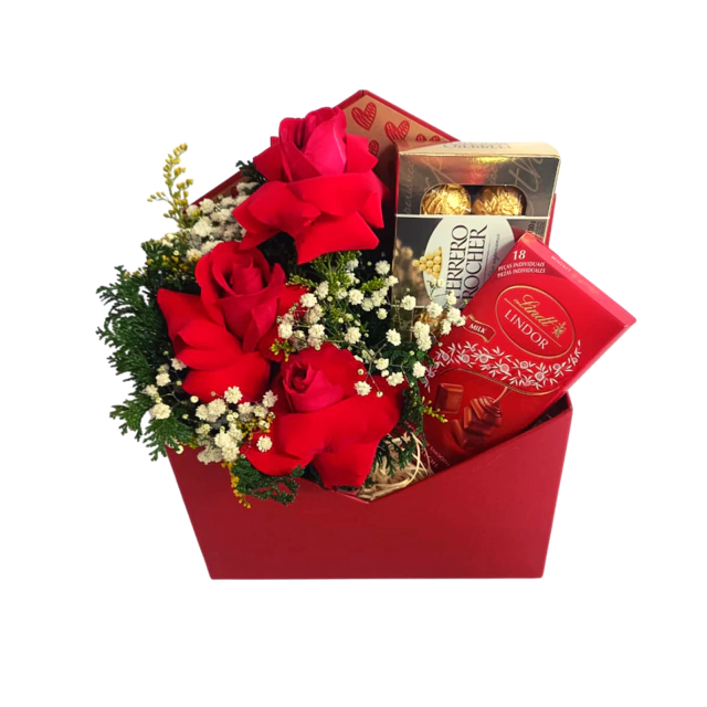 Buquê 03 rosas vermelhas + Lindt + Ferrero Rocher