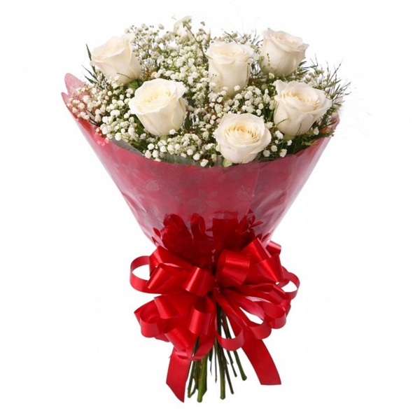 Buquê 06 Rosas Brancas + Gipsofilas brancas